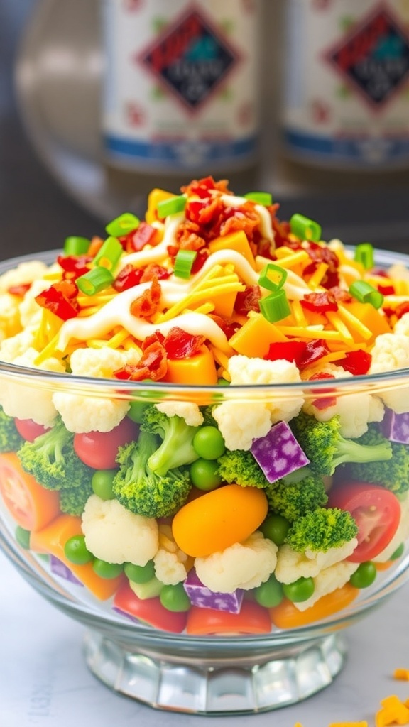 7 Layer Cauliflower and Broccoli Salad Recipe A layered salad with cauliflower, broccoli, peas, carrots, and tomatoes topped with bacon and cheese in a glass bowl.